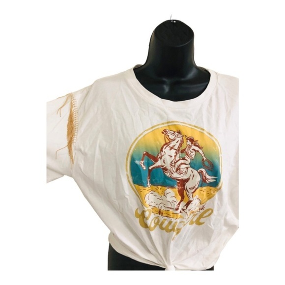 Rodeo Cowgirl gold fringe tassels White Cotton tee shirt size medium new - Picture 3 of 11